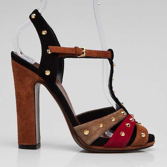 Gucci Multicolor Suede Leather Studded Jacquelyne T-Strap Sandals Size 4.5/35 - Picture 3 of 5